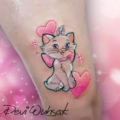 a cat tattoo on the leg with hearts and stars around it's ankles, in front of a pink background