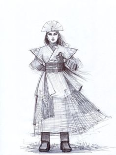 a drawing of a woman in a dress and hat with her hands on her hips