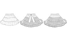 three skirts with ruffles on the bottom and one has a bow at the waist