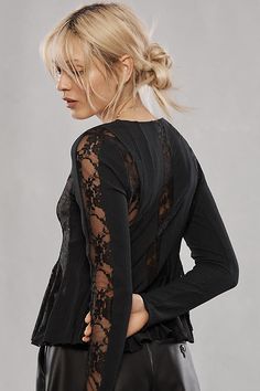 From cutwork to crochet, Anthro is THE place for lace. The By Anthropologie Long-Sleeve Lace Peplum Top features a sheer panel accented by a ruffled peplum hem. | Long-Sleeve Lace Peplum Top by Anthropologie in Black, Women's, Size: XS, Polyester/Polyamide/Elastane Lace Peplum Top, Lace Peplum, Peplum Hem, 50 Fashion, Cut Work, Black Fits, Long Sleeve Lace, Pullover Styling, Peplum Top