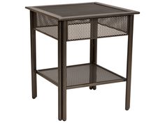 a metal side table with two drawers on each side and an open shelf underneath it