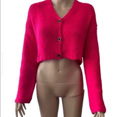 Hot Pink Knit Button Down Cardigan Sweater New With Tags Trendy One Size Cardigan, Winter Cropped Sweater With Button Closure, Winter Cropped Cardigan With Buttons, Cropped Winter Sweater With Buttons, Trendy Chunky Knit Button-up Cardigan, Cropped Buttoned Winter Sweater, Cropped Sweater With Button Closure For Winter, Trendy V-neck Cardigan One Size, Trendy V-neck One Size Cardigan