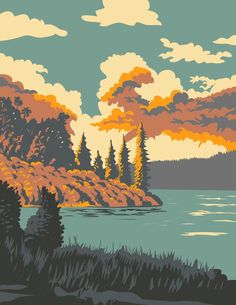 Deep Lake in Riding Mountain National Park Manitoba Canada WPA Poster Art Lake Illustration, Riding Mountain National Park, Posters Canada, Water Festival, Manitoba Canada, Summer Lake, Festival Poster