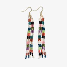 June Mini Checked Pattern Petite Beaded Fringe Earrings Multi-Check SHORT FRINGE Playful Earrings, Seed Bead Bracelet Patterns, Bead Collection, Beaded Fringe Earrings, Fringe Fashion, Brick Stitch Earrings, Human Hands, Beaded Bracelet Patterns, Checkerboard Pattern