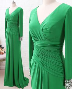 Green V-neck Maxi Dress With Sweep Train, Green V-neck Gown With Sweep Train, Green Long Sleeve Maxi Dress With Fitted Bodice, Fitted Green V-neck Mother Of The Bride Dress, Green Fitted V-neck Mother Of The Bride Dress, Fitted Green Mother Of The Bride Dress With V-neck, Green Fitted Long Sleeve Mother Of The Bride Dress, Brides Dress, Miniature Embroidery