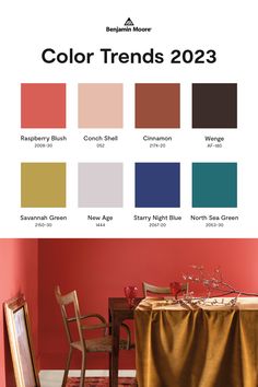 a dining room with red walls and gold table cloth on it, the color trend for 2013