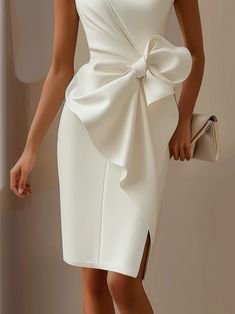 White 3D Bow Sleeveless Sheath Midi Dress | fehaute Elegant White Sleeveless Midi Dress, Elegant White Sleeveless Beach Dress, Elegant White Lace Sleeveless Dress, Elegant White Sleeveless Dress, Elegant White Strapless Sleeveless Dress, Elegant Sleeveless Bodycon Dress, White Bodycon Sheath Sleeveless Dress, White Sleeveless Knee-length Dress For Formal Occasions, White Sleeveless Knee-length Formal Dress