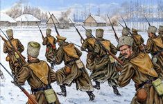 a painting of men in uniforms marching through the snow with their backs to each other