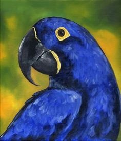 a painting of a blue parrot with yellow eyes and black beak, standing in front of a green background