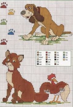 the lion and the person cross stitch pattern with dog, cat and bird on it