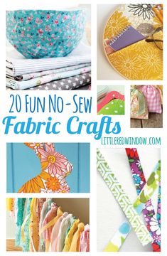 some crafts that are on display with the words 20 fun no sew fabric crafts