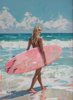 a painting of a woman walking on the beach with a surfboard