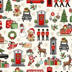 a christmas themed wallpaper with santas, reindeers and other holiday related items