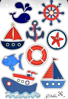 an assortment of stickers that include boats and ships