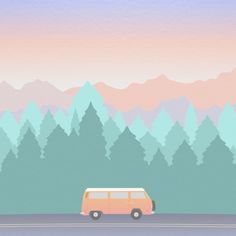 a van is driving down the road in front of some trees and mountains with pink sky