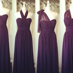 three dresses on mannequins, one in purple and the other in black