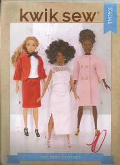 three dolls are standing next to each other in front of a sign that says kwik sew