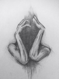 a pencil drawing of a person holding their hands up to their head, with one hand in the air