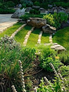 an outdoor garden with stone steps and plants