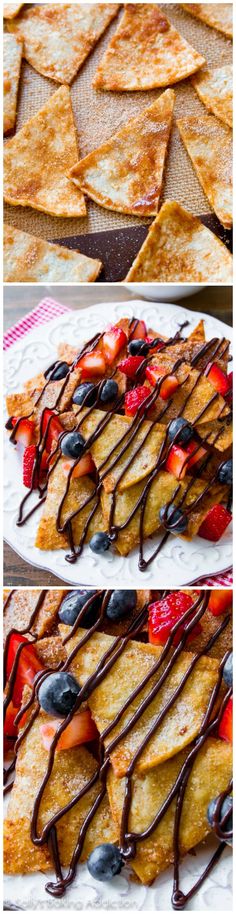 the process of making chocolate covered crepes with strawberries and blueberries on top