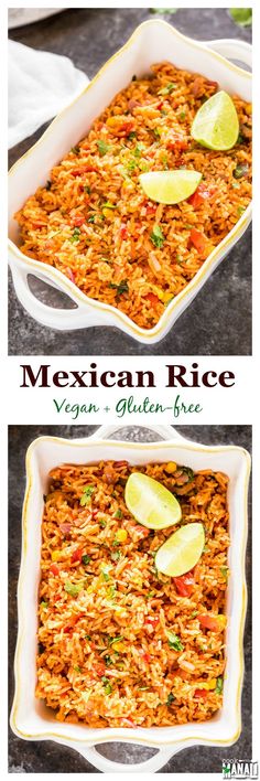 mexican rice casserole in a white dish with lime slices on top and the recipe below