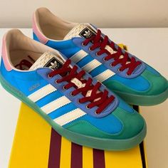 Size 10g Womens 11.5us / Fits Like Mens 10.5us Adidas Gucci Gazelle Blue Silk Green Pink New In Box. Comes With Dust Bags And Extra Laces Box Is Damaged, Please Check Photos Adidas Gucci Gazelle, Adidas Gucci, Blue Silk, Dust Bag, Adidas, Gucci, Silk, Green, Pink