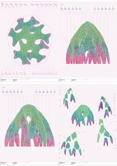 two drawings of different shapes and sizes in pink, green, and blue paper with lines on them