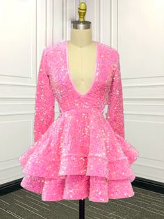 Sequin Party Dress Long Sleeve, Pink Sparkly Prom Dress, Prom Dresses Sequin, Party Dresses Long Sleeve, Fashion Birthday Party, Party Dresses Long, Tiered Prom Dress, Sparkly Prom Dress, Dresses Sequin