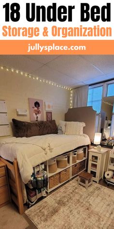 an unmade bed with storage and organization in the middle is featured on this post