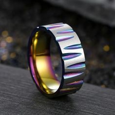 Really Nice Titanium Stainless Steel Band Ring. Groves Filled With Rainbow Color. Comfort Band So Inside Won’t Hurt Your Finger. Can Be For Men Or Women. Size 10 Black Gold Ring, Metallic Party, Unique Bands, Pattern Ring, Stainless Steel Ring, Ring For Men, Rainbow Color, Round Rings, Men's Ring