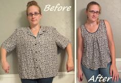 An oversized blouse gets turned around and taken in to create a flowy tank top. More details here Blouse Refashion, Upcycle Sewing