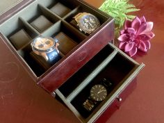 "This dresser top watch case is made of brown genuine leather by Fossil, giving it a sophisticated masculine look with stitched design. It has a top organizer with 6 sectional compartments, each with a cushion to hold the watch. The bottom has a 3-section drawer storage with brass knob to keep other accessories such as cufflinks, tie clips, and jewelry organized. The interior is lined in khaki olive army green canvas fabric. It will be a great wedding gift idea for the groom or groomsmen. Makes Formal Brown Rectangular Watch Accessories, Brown Rectangular Watch Accessories For Formal Occasions, Elegant Brown Watch For Gift, Classic Brown Watch Accessories For Formal Occasions, Brown Leather Watch Accessories For Business, Luxury Brown Formal Watch Accessories, Formal Brown Leather Watch Accessories, Luxury Brown Watch For Formal Occasions, Classic Formal Box Watch Accessories