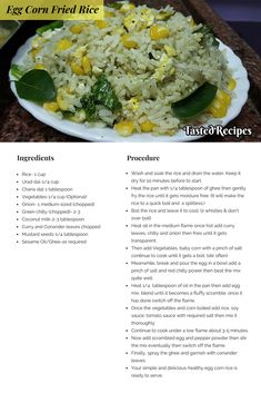 the recipe for egg corn fried rice on a plate