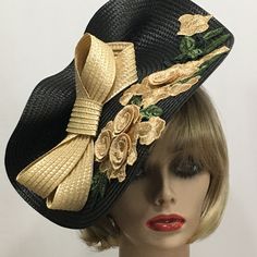 Black Breeders Fascinator, Horse Race Hat, Breeders Cup Hat, Gold Rose Church Hat, Tea Party Hat, Wedding Guest Hat This elegant Fascinator is perfect to wear to a Garden Party, Wedding Guest, Showers, Beach Wedding, Graduation, Church or Races. This Fascinator is a Black featuring an Antique Gold embroidered accent piece and bow with a coordinating 1" satin covered headband. Hats and accessories are not returnable. Please review our shop policies section if you have any questions, thank you. This hat for women ships free First Class Mail within one day. All hats are ready to ship in a perfectly sized box for the hat. Not folded.  When not wearing your hat you can display it on a dresser, bed corner, or anywhere to enjoy it. Each piece is uniquely made one at a time with much thought, love Black Gold Silver Hat/fasanater For Wedding, Hat Wedding Guest, Wedding Guest Hat, Horse Race Hats, Elegant Fascinator, Bed Corner, Wedding Hats For Guests, Cup Hat, Hat Tea Party