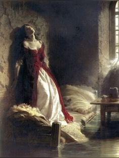 a painting of a woman in a red and white dress sitting on a bed next to a window