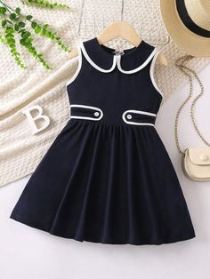 SHEIN Kids KDOMO Toddler Girls Contrast Binding Peter Pan Collar Dress | SHEIN USA Sleeveless Summer School Dress, Sleeveless Cotton School Dress, Casual Ruffled Dresses For School, Sleeveless Ruffled Dress For Dress-up, Sleeveless Spring Dress For School, White Sleeveless School Dress, Sleeveless Spring Dresses For School, Navy Sleeveless Dress With Ruffles, Black Sleeveless School Dress