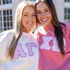 This unique & trendy Basic Greek Letter Independent Trading Co Crew Neck Sweatshirt is sure to stand out on any campus!  Grab one for you, your favorite sister, or a group of sisters (chapter discounts offered - see below for more information). Pictures Featuring: (left to right)  1-3. White sweatshirt w/ Light Purple background fabric color & Light Pink top fabric color (Alpha Gamma Delta) & Pigment Pink sweatshirt w/ White background fabric color & Light Pink top fabric Color (Alpha Chi Omega) Letter Print Sweatshirt For Campus, Spring Varsity Top For Campus, Preppy Crew Neck Top For College, Collegiate Pink Crew Neck Top, School Crew Neck Sweatshirt, Pink Varsity College Tops, Pink Varsity Top For College, Pink Crew Neck Sweatshirt For School Spirit, Spring Sorority Long Sleeve Tops