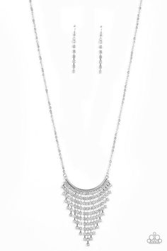 Glitter Bomb White Necklace-Jewelry-Paparazzi Accessories-Ericka C Wise, $5 Jewelry Paparazzi accessories jewelry ericka champion wise elite consultant life of the party fashion fix lead and nickel free florida palm bay melbourne Tapered Fringe, Paparazzi Accessories Jewelry, Glitter Bomb, Fringe Necklace, Silver Bar, Paparazzi Accessories, White Necklace, White Rhinestone, Silver Bars