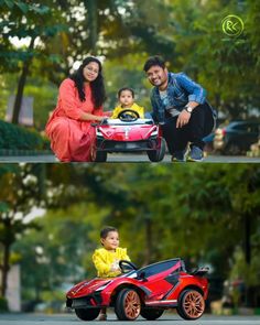 a man and woman sitting on top of a red toy car next to each other