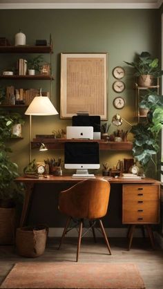 a desk with a computer on top of it next to a plant and potted plants