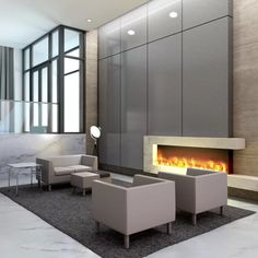 a living room filled with furniture and a fire place in the middle of it's wall