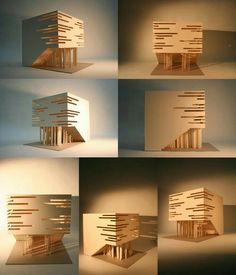 four different views of a building made out of wood