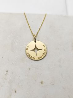 WE SHIP ALL PARCELS IN ONE BUSINESS DAY FOR FREE AND PROVIDE THE SPEEDIEST DELIVERY! Engraved Compass Design Necklace - Location Pendant Necklace - Handmade Coordinates Gold Jewelry - Engraved Compass Gold Necklace Engraved Compass Pendant Necklace made out of 14K Solid Gold. Available only in Yellow Gold finish. An elegant piece of jewelry that is a perfect gift to yourself and your loved ones. Charm Thickness: 0.5mm Jump Ring inner diameter: 4mm Add your engraved personalization at the back of Anniversary Medallion Jewelry With Compass Design, 14k Gold Pendant Necklace For Anniversary, Compass Design Round Pendant Jewelry For Anniversary, Sterling Silver Gold Necklace With Compass Design, Round Pendant Compass Design Jewelry For Anniversary, Round Pendant Jewelry With Compass Design For Anniversary, Hallmarked Necklaces For Anniversary, Personalized Compass Design Round Necklace, Sterling Silver Yellow Gold Compass Design Necklace