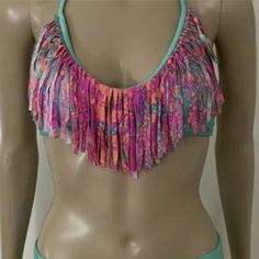 Raisins Women Fringe Bra Bikini Top M780079 Sz M Mint Green W/Pink/Orange Fringe - 80% Nylon/20% Spandex - Style M780079 - Msrp - $28 - Medium Weight Pink Halter Neck Tankini For Pool, Tropical Pink Tankini For Swimming, Pink Beachwear Tankini For Party, Pink Tankini For Beach Party, Pink Tankini For Spring Party, Pink Spring Party Tankini, Pink Triangle Top Tankini For Party, Pink Tropical Tankini For Pool, Tropical Pink Tankini For Pool