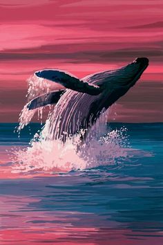 a painting of a humpback whale jumping out of the water at sunset or dawn