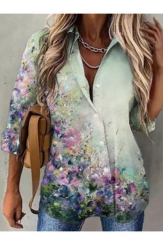 Green Casual Graphic Tops Lapel Long Sleeve Floral Printed with Buttons Blouse Floral Long Sleeve Shirt, Fairy Figurines, Basic Shirts, Cardigan Fashion, Spring Tops, Women Shirts Blouse, V Neck Blouse, Pink Blouse, Blue Blouse