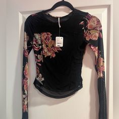 Xs - Never Worn, Black With Floral Design Black Floral Print Tops For Streetwear, Affordable Gothic Printed Top, Black Long Sleeve Top With Rose Print, Black Floral Embroidered Long Sleeve Tops, Long Sleeve Sheer Gothic Top, Floral Long Sleeve Shirt, White Lace Top, Boho Blouses, Dot Dress