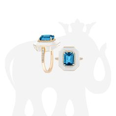 JR0271-LBT-ENWH-Y 'Queen' London Blue Topaz Emerald Cut Ring with White Enamel and Diamonds in 18K Yellow Gold Stone Size: 9 x 7 mm Approx. gemstone Wt: 2.60 Carats (London Blue Topaz) Diamonds: G-H / VS, Approx Wt: 0.23 Carats London Queen, Emerald Cut Ring, Emerald Cut Rings, Gold Stone, London Blue Topaz, London Blue, White Enamel, Cluster Ring, Emerald Cut