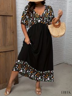 Ebeek - Professional Plus Size Womens Casual Dress: Colorblock Ditsy Print Short Sleeve V Neck Maxi Dress Spring V-neck Maxi Dress With Patchwork, Black Summer Dress With Contrast Color, Black Dress With Contrast Color For Summer, Spring Black Patchwork Maxi Dress, Casual Multicolor Maxi Dress With Floral Patchwork, Casual V-neck Splicing Dress, V-neck Splicing Beach Dress, Spring Black Spliced Midi Dress, Casual V-neck Dress With Splicing