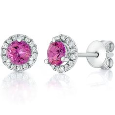 This matching pair of women's earrings features two round brilliant cut genuine pink topaz gemstones and round brilliant cut natural diamonds. All diamonds are set in solid 10K white gold with 10k white gold heavy weight push backs. Pink Topaz, White Gold Earrings, Ruby Diamond, Ruby Gemstone, Rings Wedding, Topaz Gemstone, Diamond Halo, Fine Jewellery Earrings, Quality Diamonds